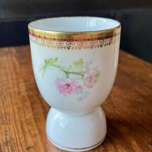 Vintage Limoges Style Porcelain Egg Cup Floral Gold Gilt